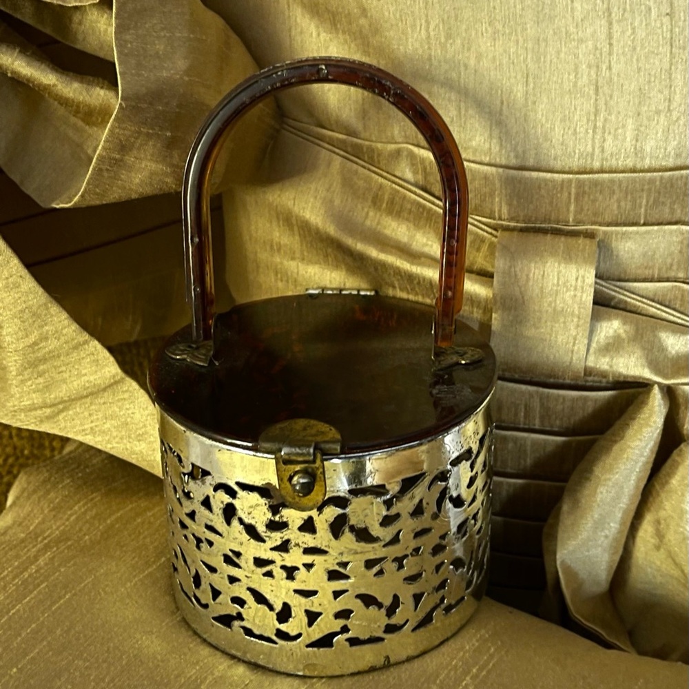Vintage 1950s Lucite & Metal Silver and Brown Handbag with Cutout Design
